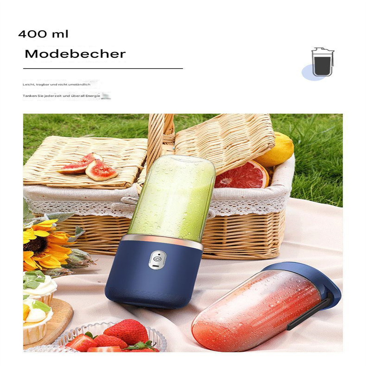 Mixer mit grüner Flüssigkeit und ein Glas mit roter Flüssigkeit und Früchten.