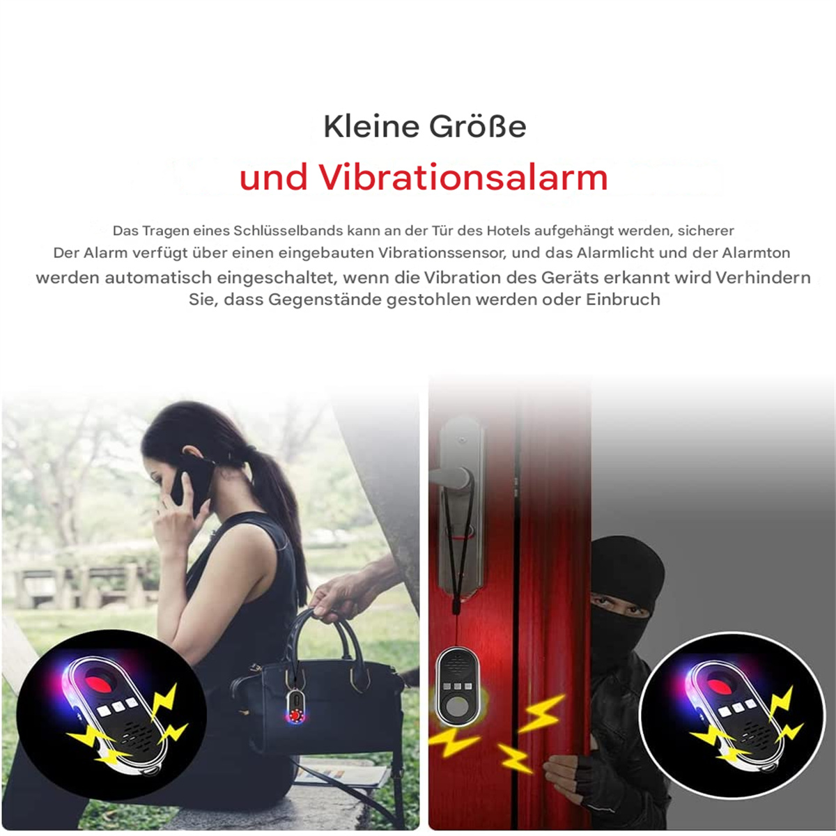 Frau telefoniert, Person stiehlt Tasche, Sicherheitsschloss.