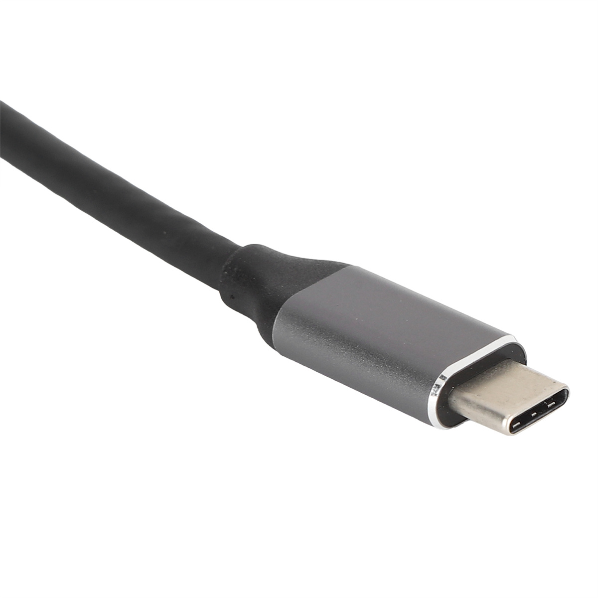 Ein schwarzes USB-C-Kabel mit einem grauen Stecker.