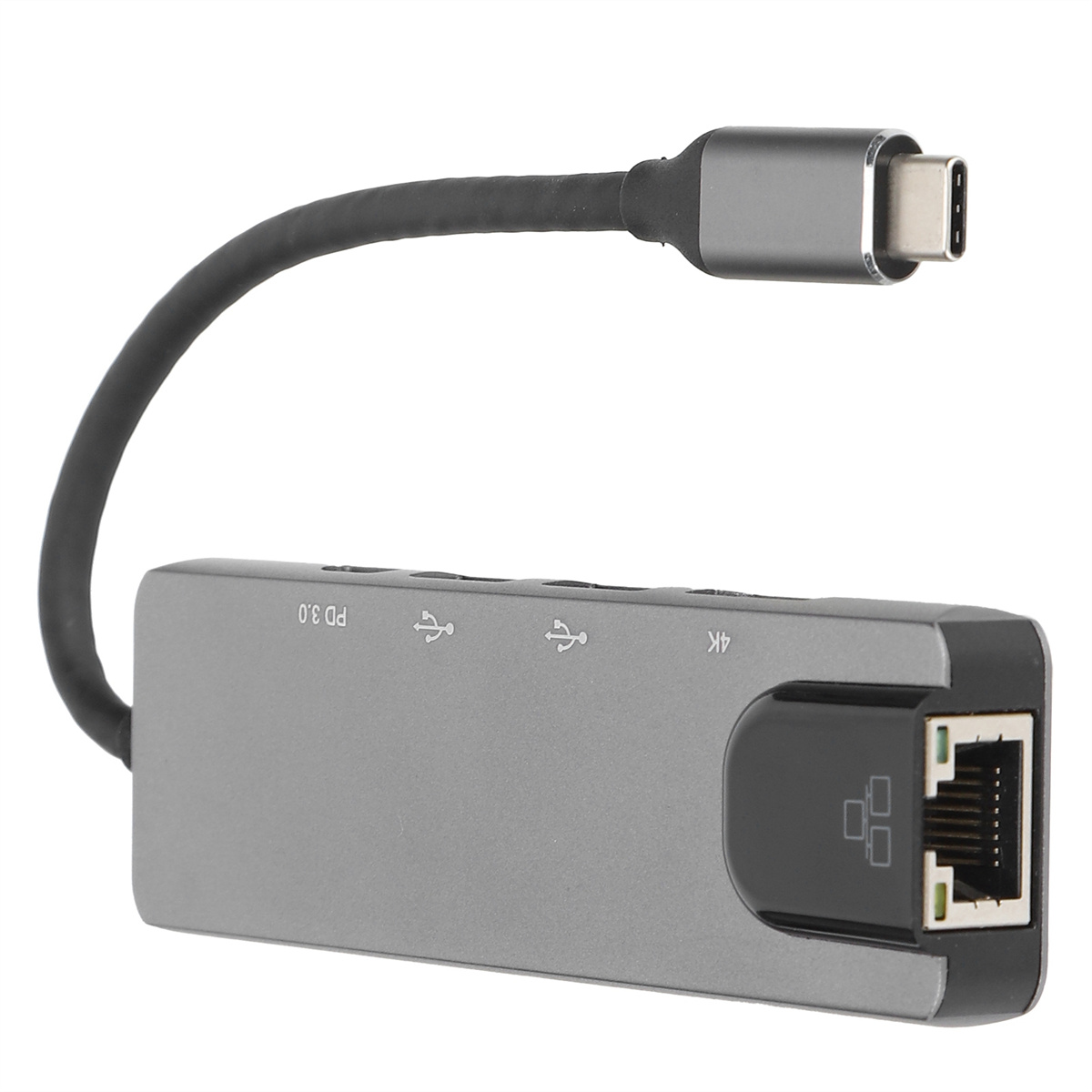 Ein grauer USB-C-Hub mit mehreren Anschlüssen, darunter PD 3.0, USB 3.0 und Ethernet.