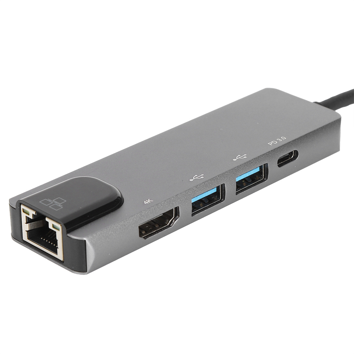 Ein grauer USB-Hub mit mehreren Anschlüssen: Ethernet, HDMI und USB. Das Gerät liegt auf weißem Untergrund.