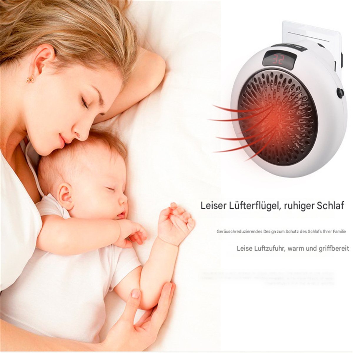 Mutter und Baby schlafen neben einem weißen Wandheizgerät mit rotem Glühen.