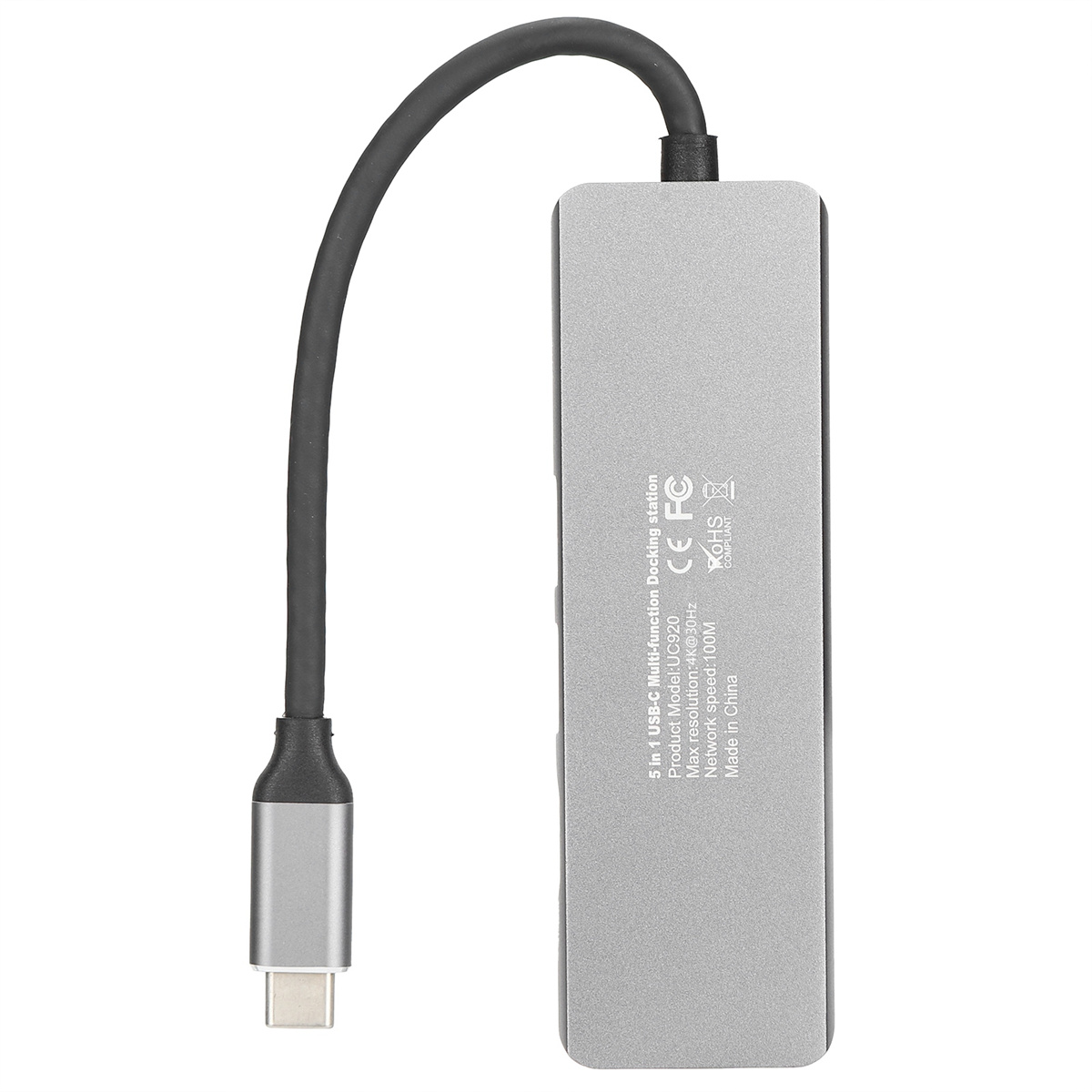 Silberne USB-C-Dockingstation mit angeschlossenem schwarzem Kabel. Mit Anschlüssen und Beschriftungen.