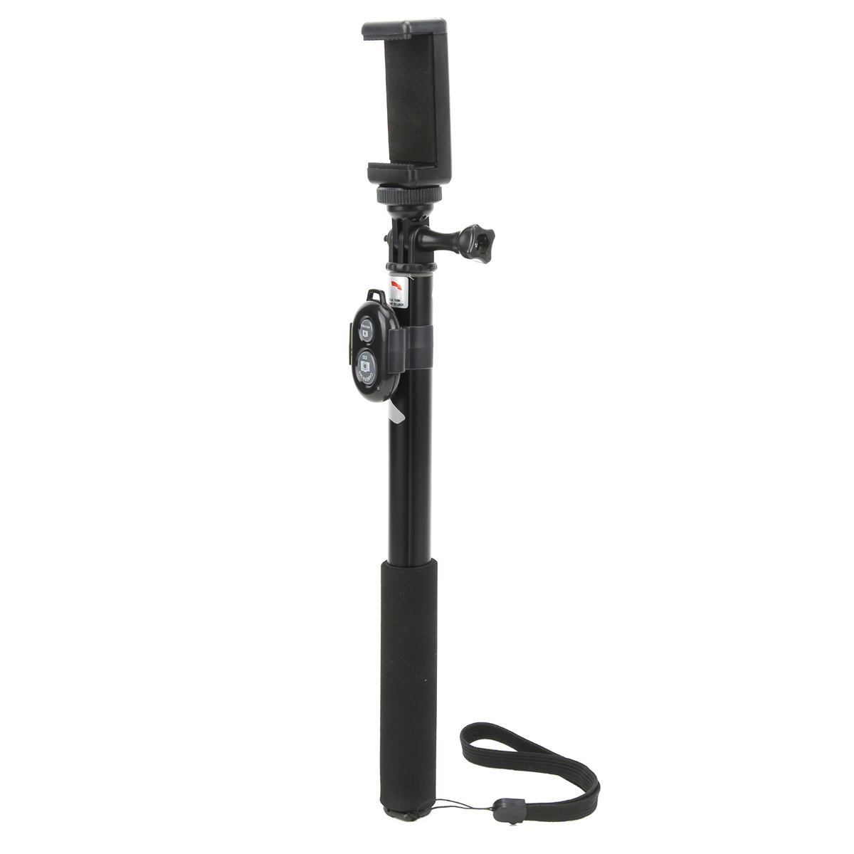Schwarzer Selfie-Stick mit Handyhalterung und Fernbedienung, auf weißem Hintergrund.