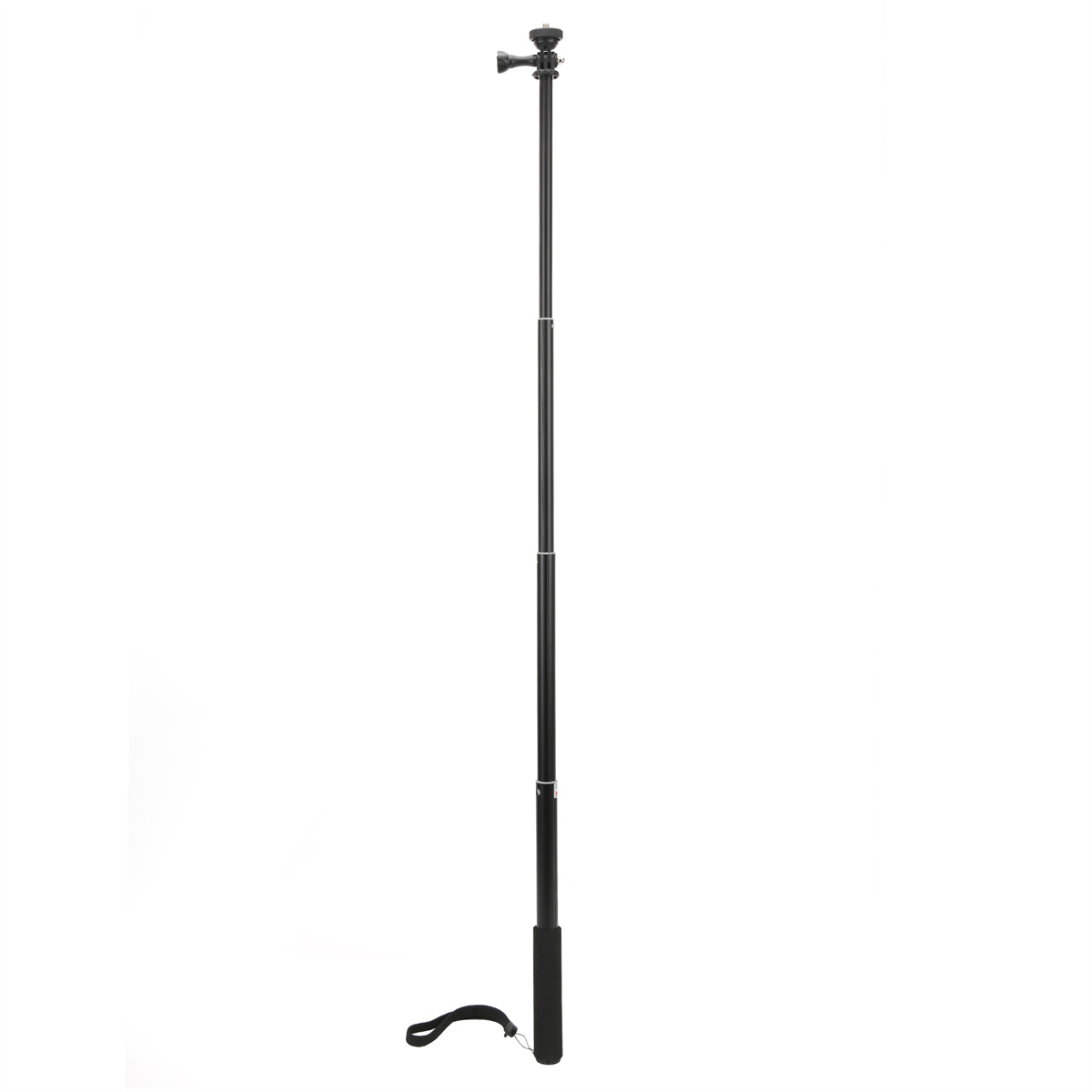 Schwarzer Selfie-Stick ausgefahren, mit Kamerahalterung und Handschlaufe. Weißer Hintergrund.