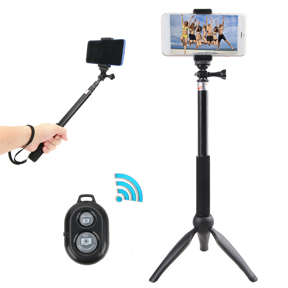 Zwei Selfie-Sticks mit angeschlossenen Telefonen und einer Fernbedienung.