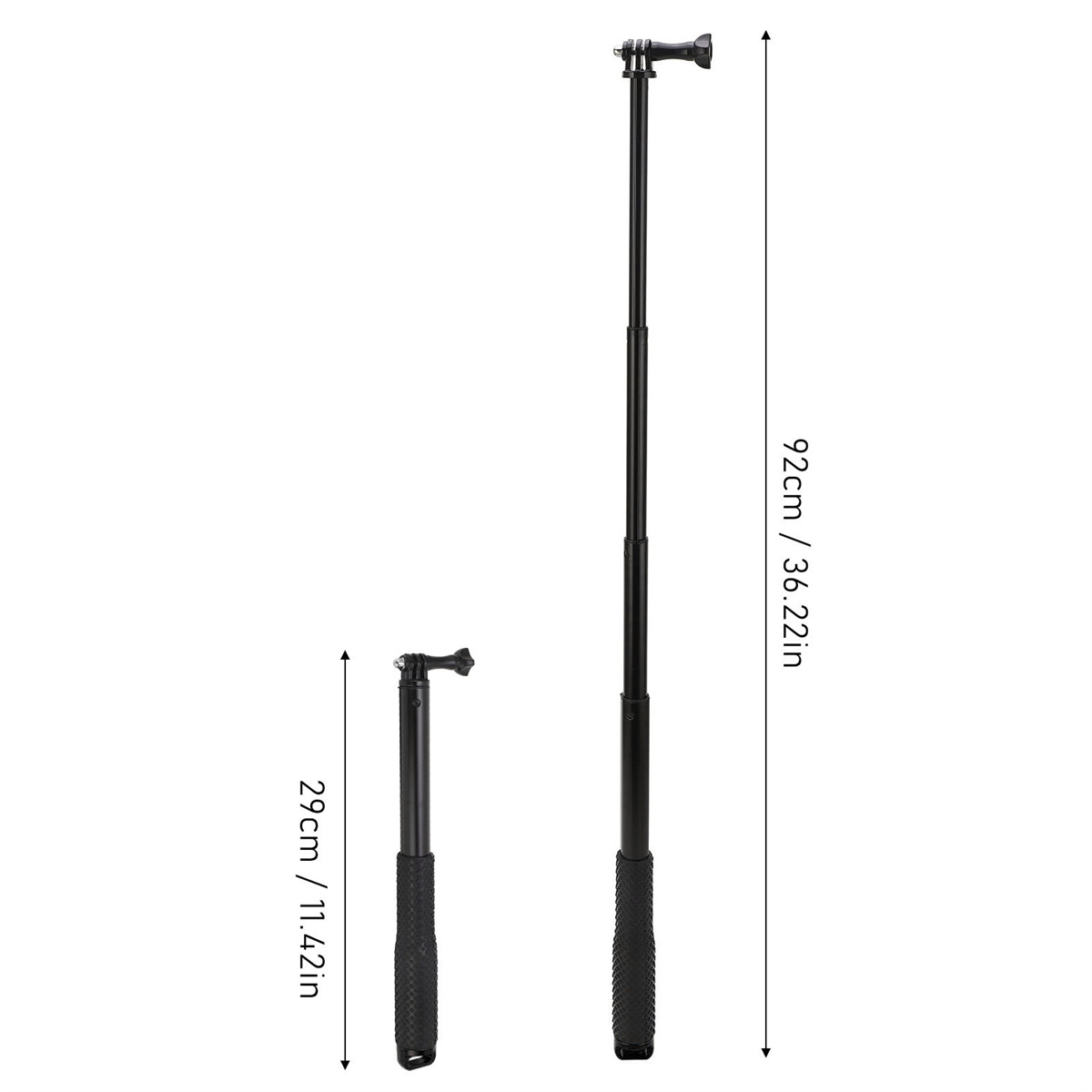 Zwei schwarze Selfie-Sticks, einer ausgefahren und einer zusammengeklappt, mit Maßangaben.