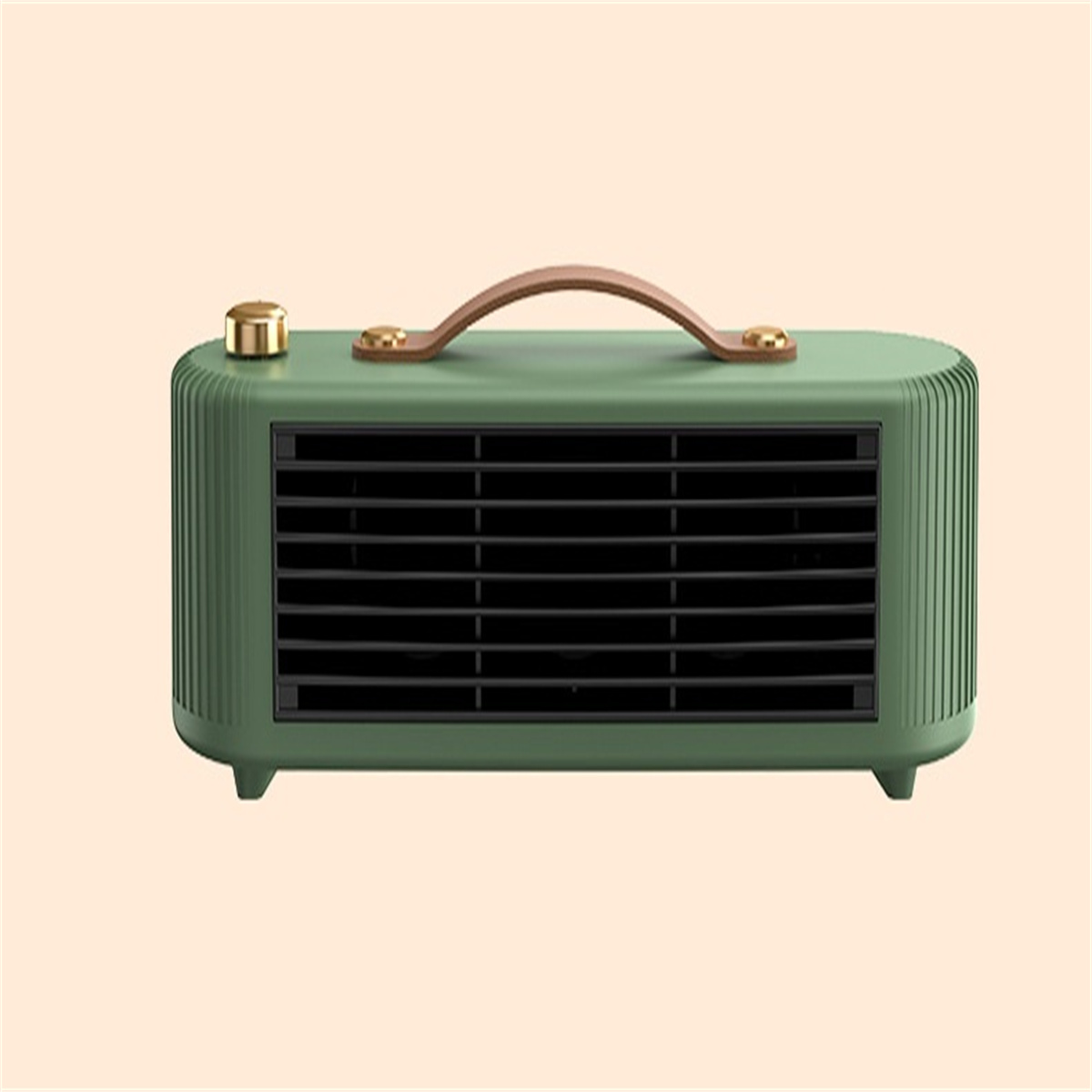 Ein grüner und beiger elektrischer Heizlüfter im Retro-Stil. Beiger Hintergrund.