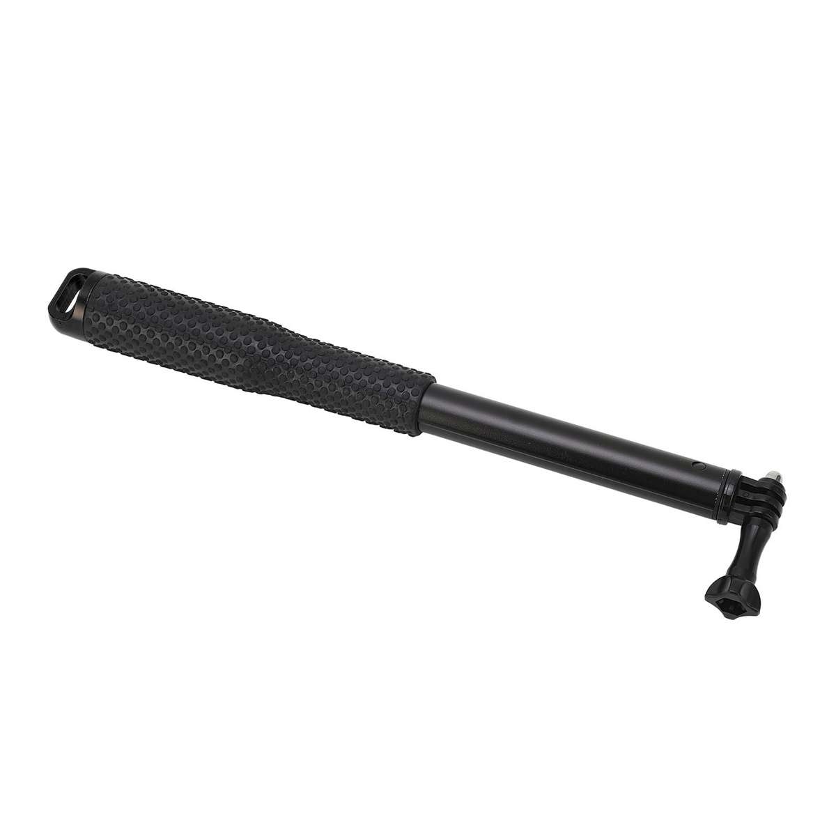 Schwarzer Selfie-Stick mit strukturierter Griff und Befestigungspunkt für eine Kamera.