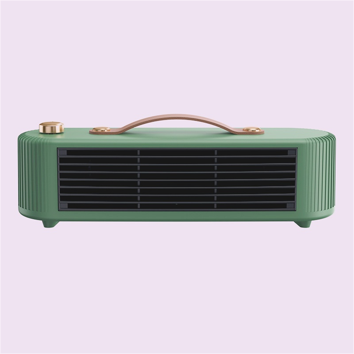 Grüner Elektroheizer mit Griff und schwarzem Grill. Rosa Hintergrund.