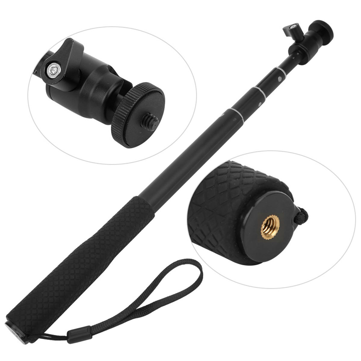 Ein schwarzer Selfie-Stick mit strukturiertem Griff und Telefonhalterungsdetails.