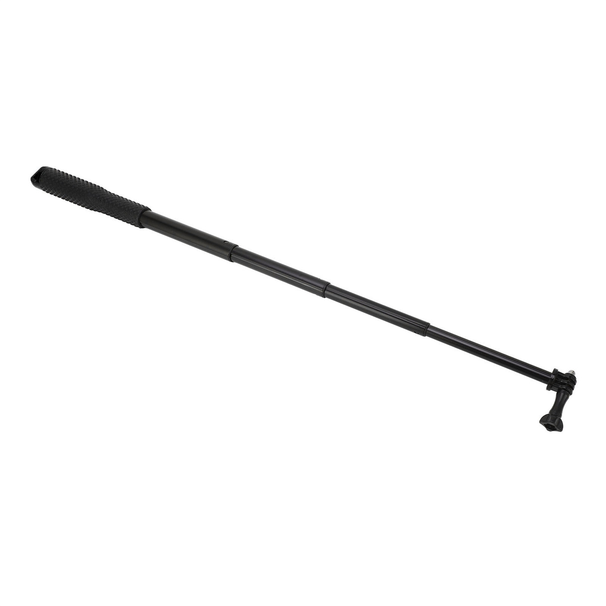 Ein schwarzer, ausziehbarer Selfie-Stick, vollständig ausgefahren und abgewinkelt.