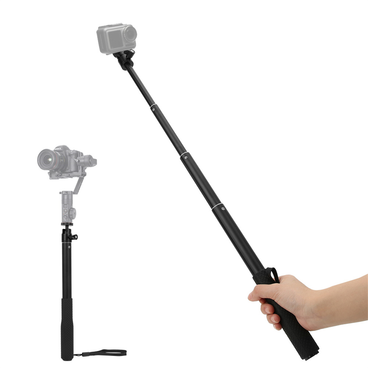 Ein schwarzer Selfie-Stick, der eine Kamera hält, mit einer Kamera und einem Stativ im Hintergrund.