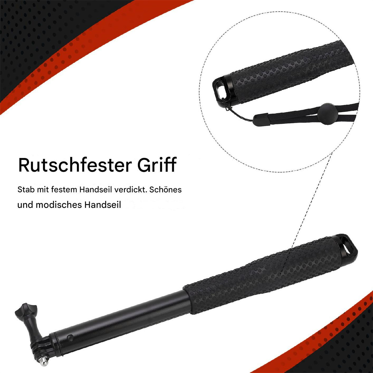 Ein Selfie-Stick mit strukturiertem Griff und Lanyard, mit Text zur Beschreibung des Griffs.