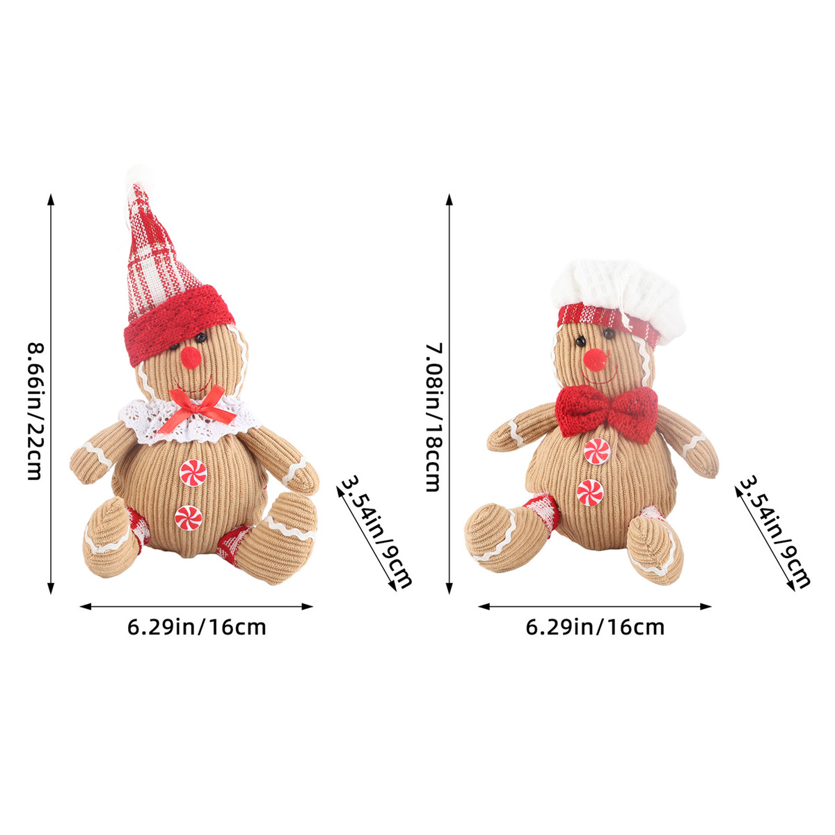 Zwei Lebkuchenmann-Puppen mit Hüten und Schleifen, eine groß, eine klein, mit Größenangaben.