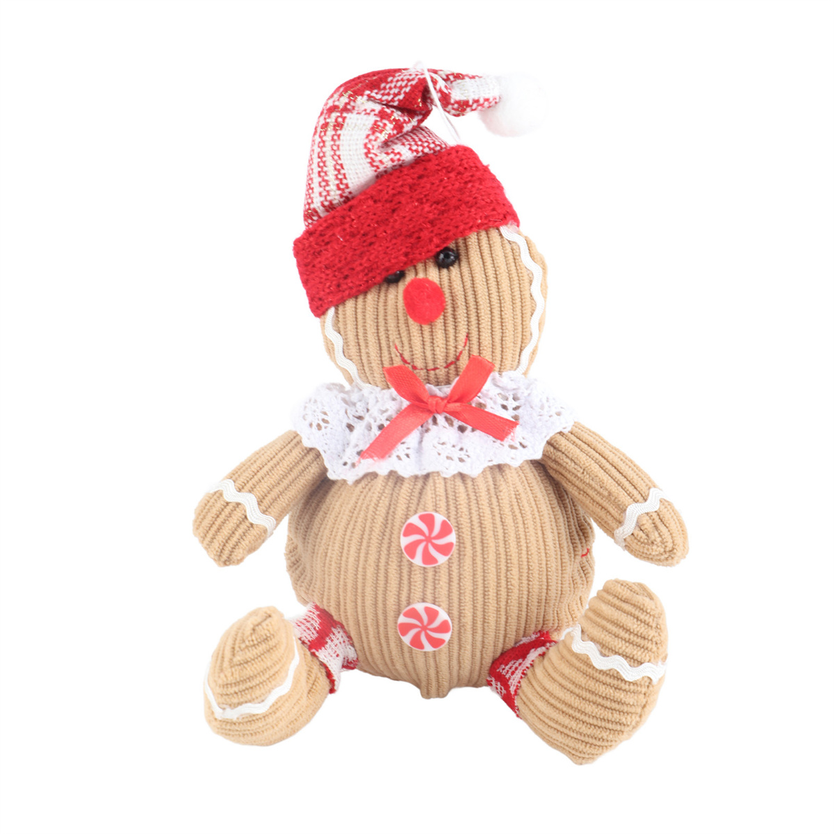 Ein gestrickter Lebkuchenmann-Weihnachtsschmuck mit rotem Hut, Fliege und Bonbonknöpfen.