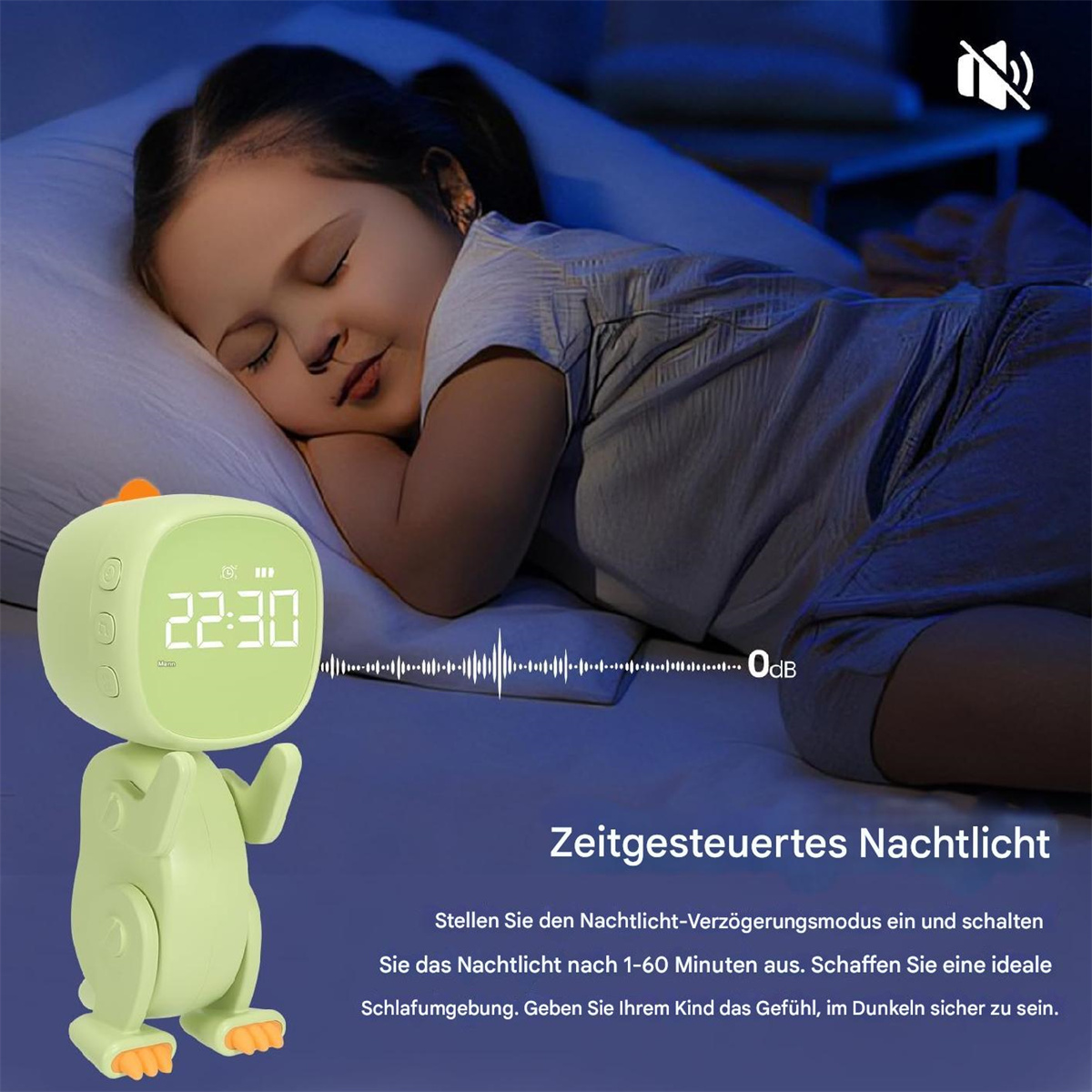 Kind schläft neben einem grünen, dinosaurierförmigen Wecker, der die Zeit anzeigt.