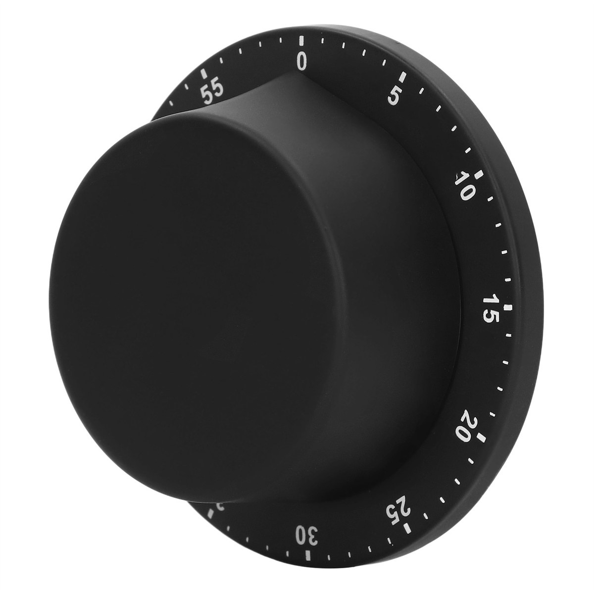 Ein schwarzer Timer mit weißen Markierungen und einem Drehknopf. Die Skala zeigt Zahlen von 0 bis 55.
