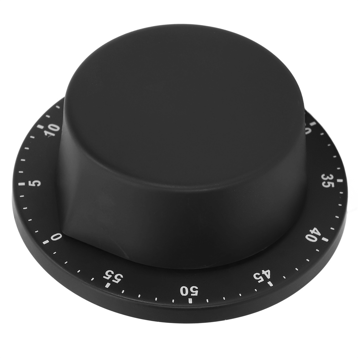 Ein schwarzer Küchentimer mit einem Zifferblatt. Es hat weiße Zahlen und einen schwarzen Deckel.
