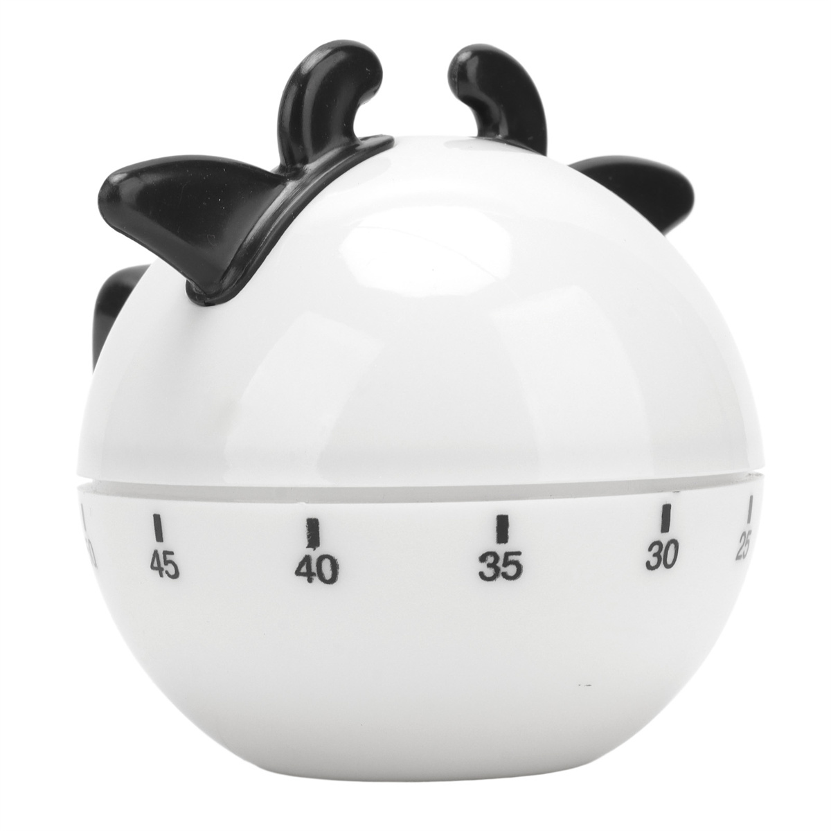 Ein weiß-schwarzer kuhförmiger Küchentimer mit Zahlen auf der Vorderseite.