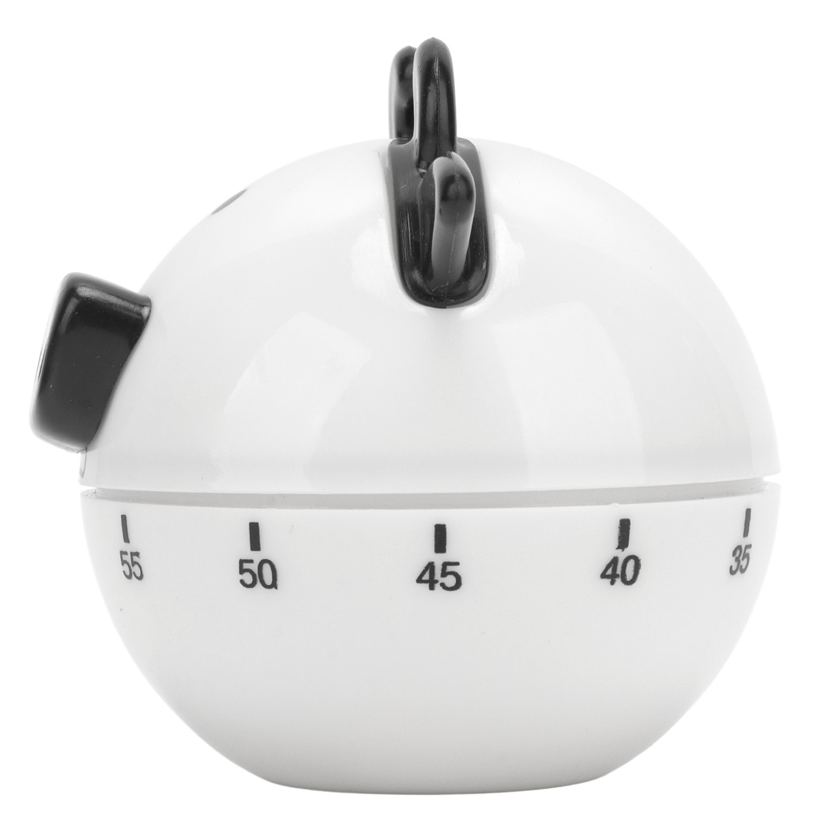 Weißer eiförmiger Timer mit schwarzen Details und Zahlen. Weißer Hintergrund.