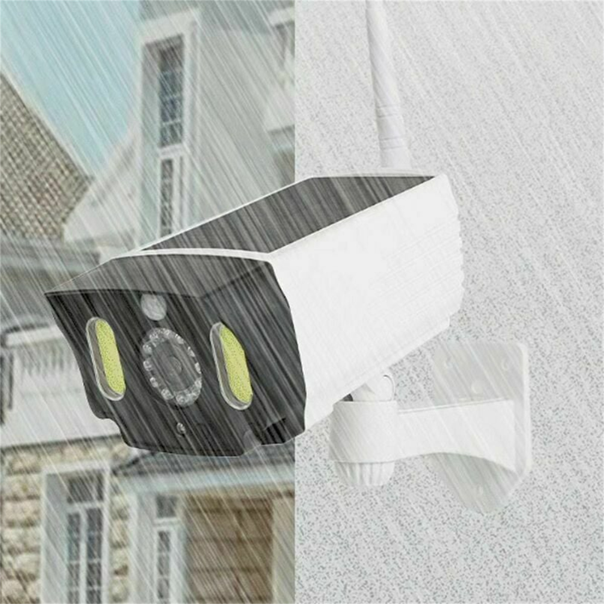Weiße Überwachungskamera im Regen, an der Wand montiert. Zeigt die Vorderseite der Kamera, teilweise der Witterung ausgesetzt.