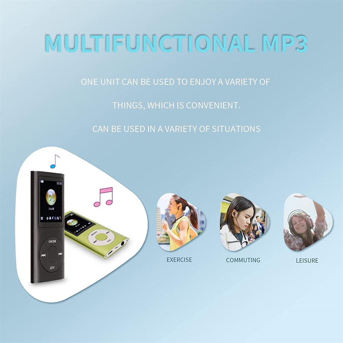 Ein MP3-Player und drei Personen werden gezeigt. Die Bilder stehen für Sport, Pendeln und Freizeit.