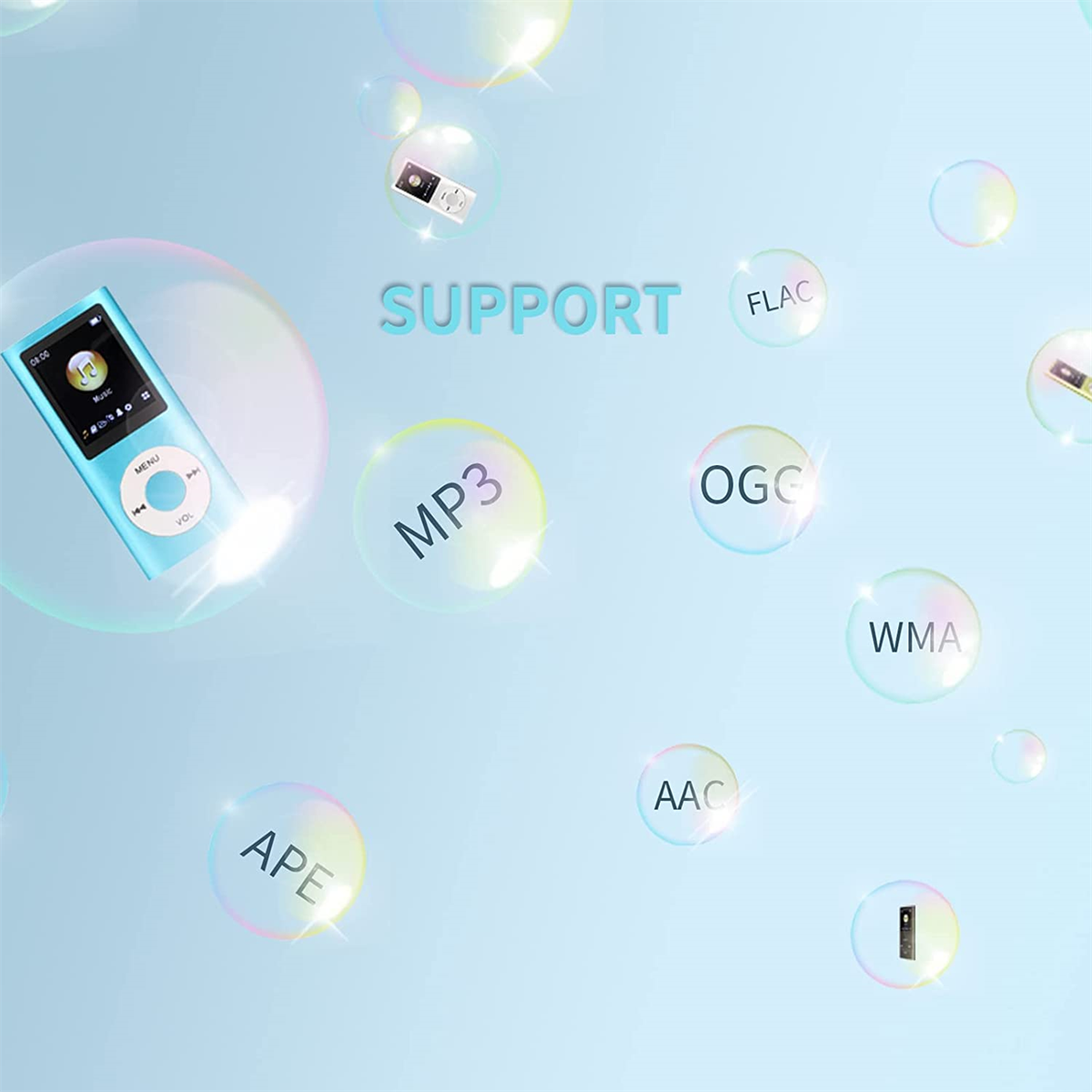 Blauer MP3-Player mit Blasen, Text und verschiedenen Musikformaten.