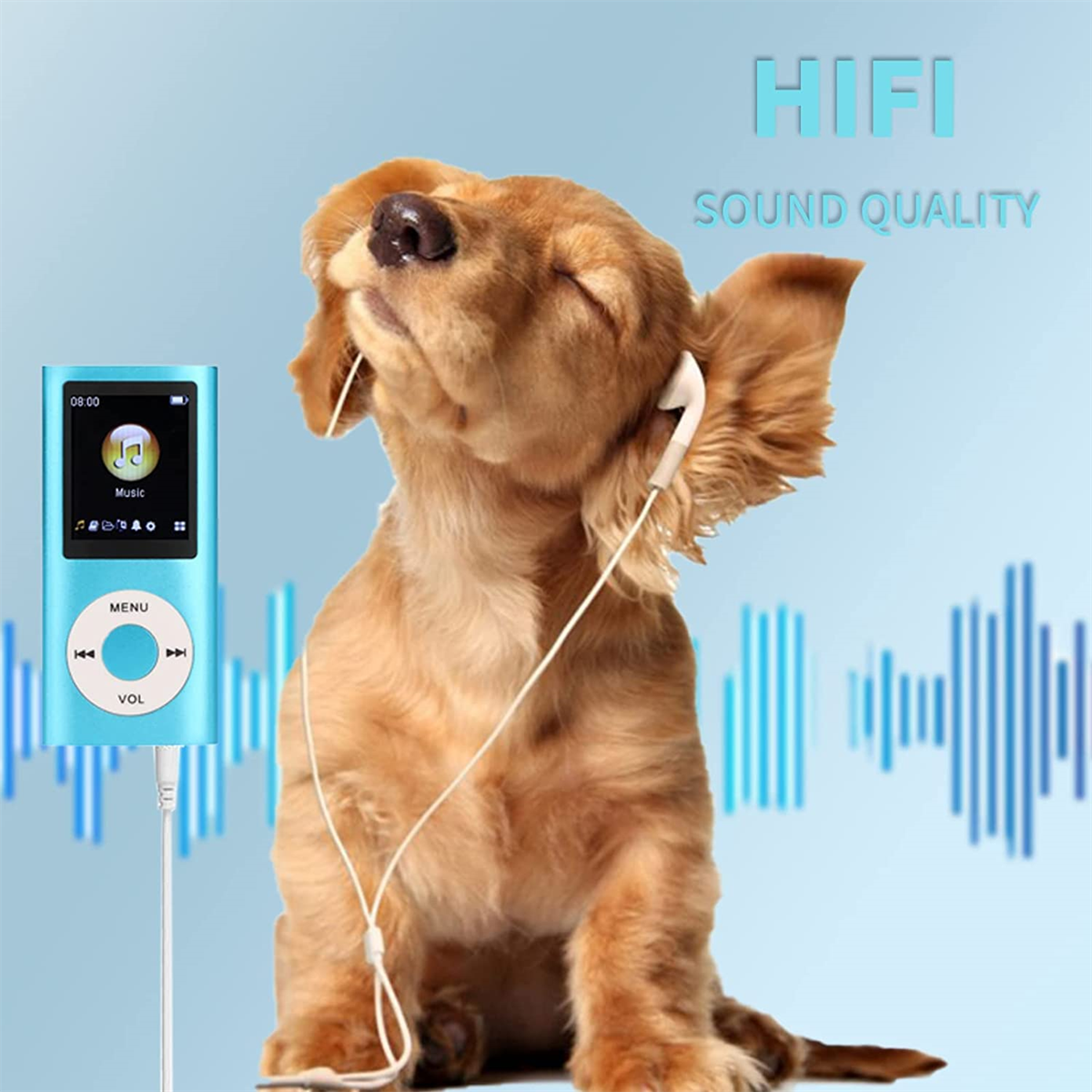 Ein goldener Welpe mit Kopfhörern hört Musik von einem blauen MP3-Player. Blauer Hintergrund mit Schallwellen.