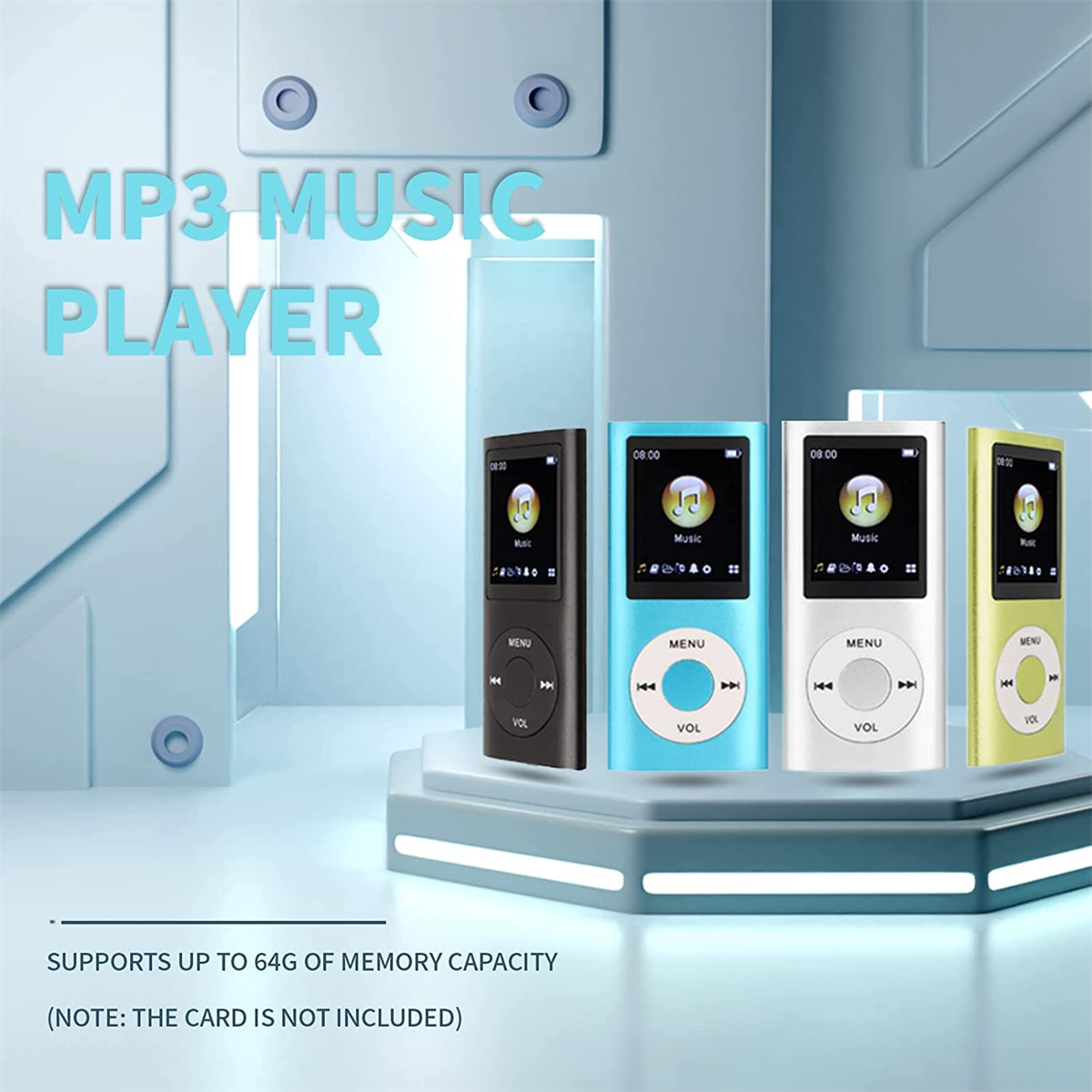 MP3-Player in mehreren Farben, mit Text-Overlay.