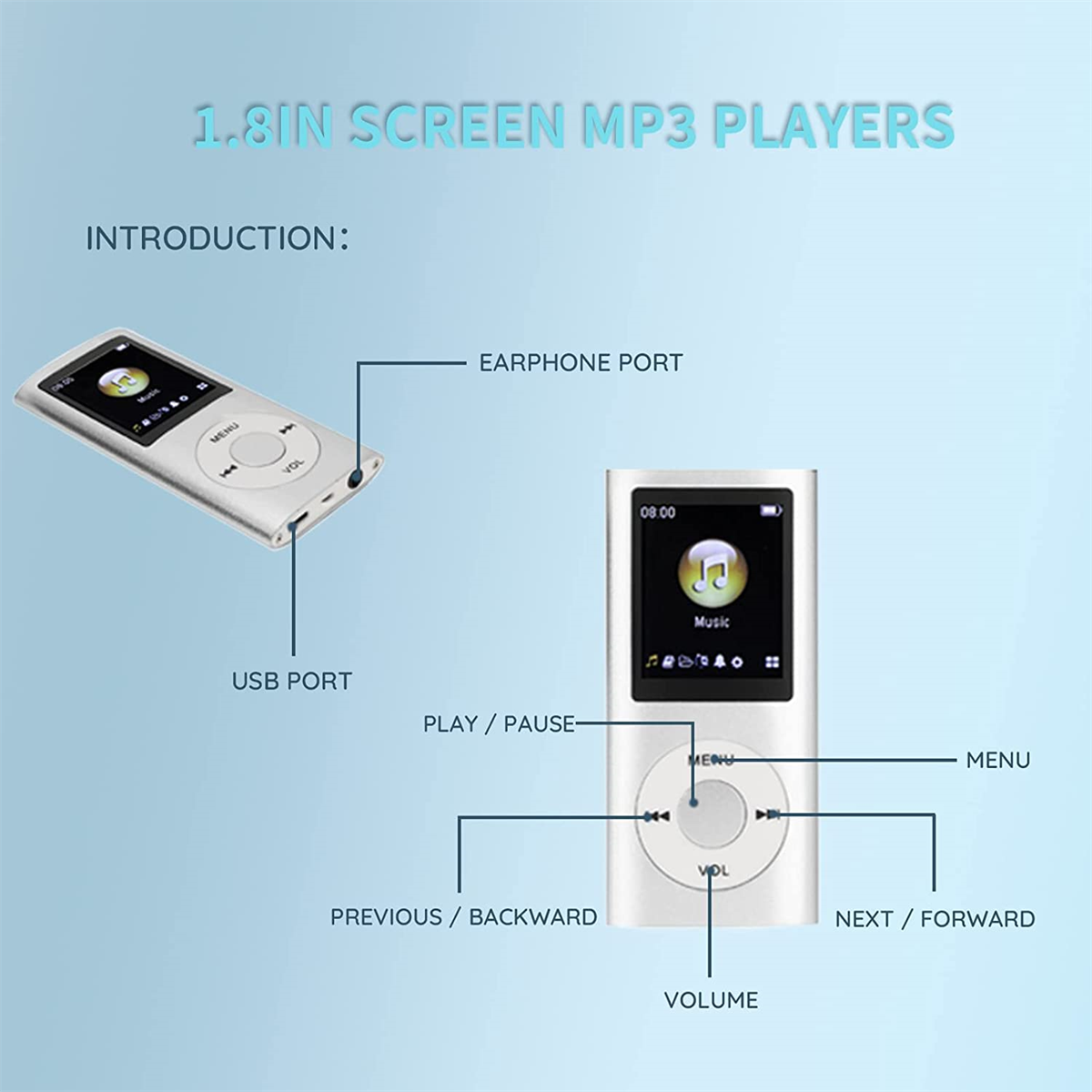 Diagramm eines 1,8-Zoll-Bildschirm-MP3-Players, das Anschlüsse und Bedienelemente zeigt.
