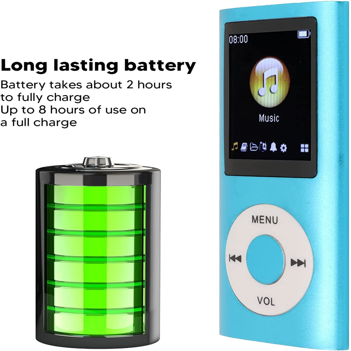 Ein hellblauer MP3-Player mit Bildschirm, der Musik zeigt, mit einem Akkusymbol und seitlichen Bedienelementen.