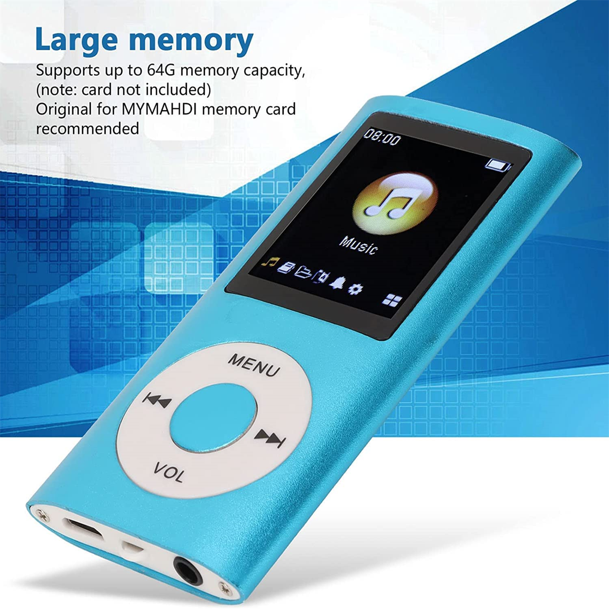 Ein blauer MP3-Player mit Bildschirm, Tasten und Kopfhöreranschluss. Es zeigt Musik an.
