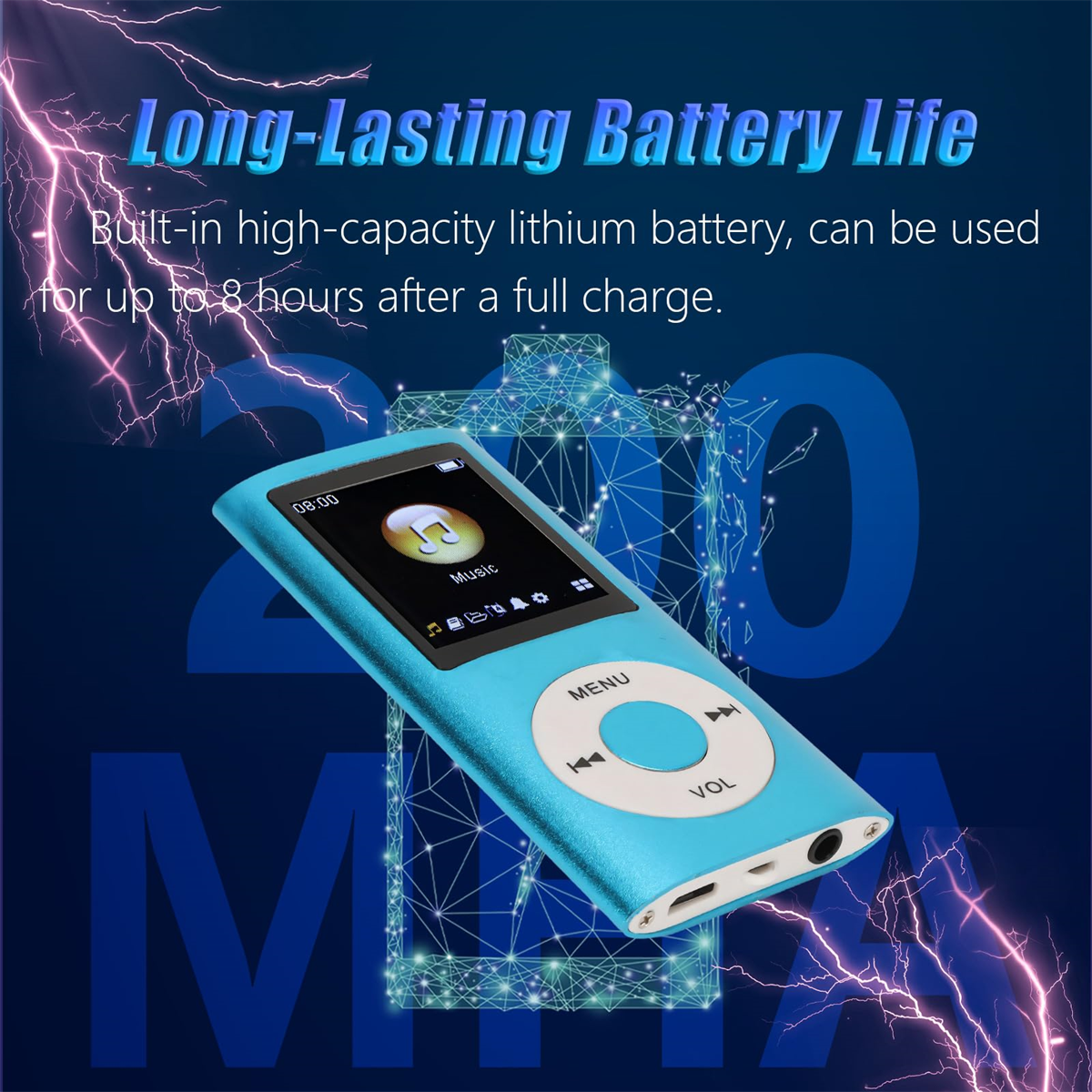 Blauer MP3-Player mit Bildschirm, Knöpfen und Text über Akkulaufzeit, mit Blitz.