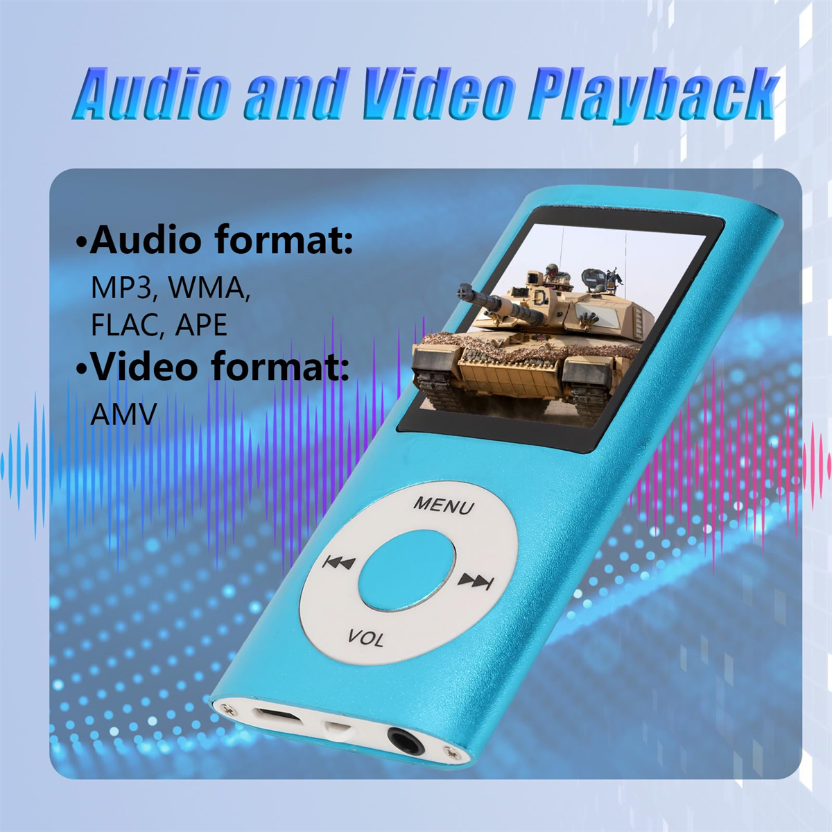 Blauer MP3-Player. Bildschirm zeigt einen Panzer. Audio- und Videoformat-Labels oben.
