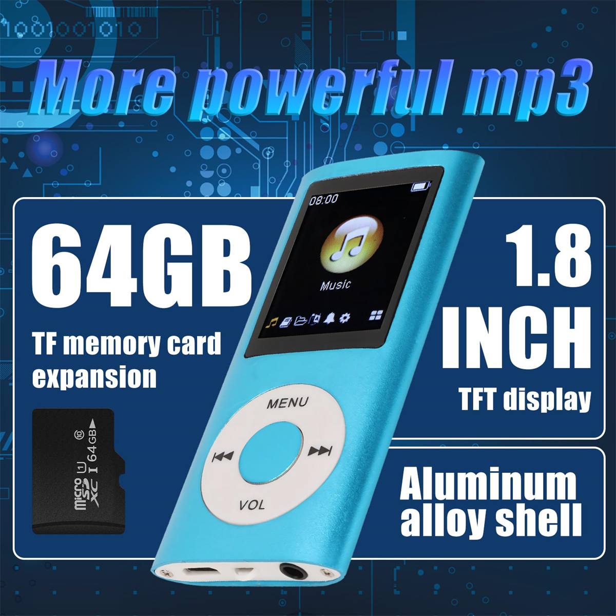 Ein blauer MP3-Player mit kleinem Bildschirm, Tasten, Speicherkarte und dem Text "More powerful mp3".