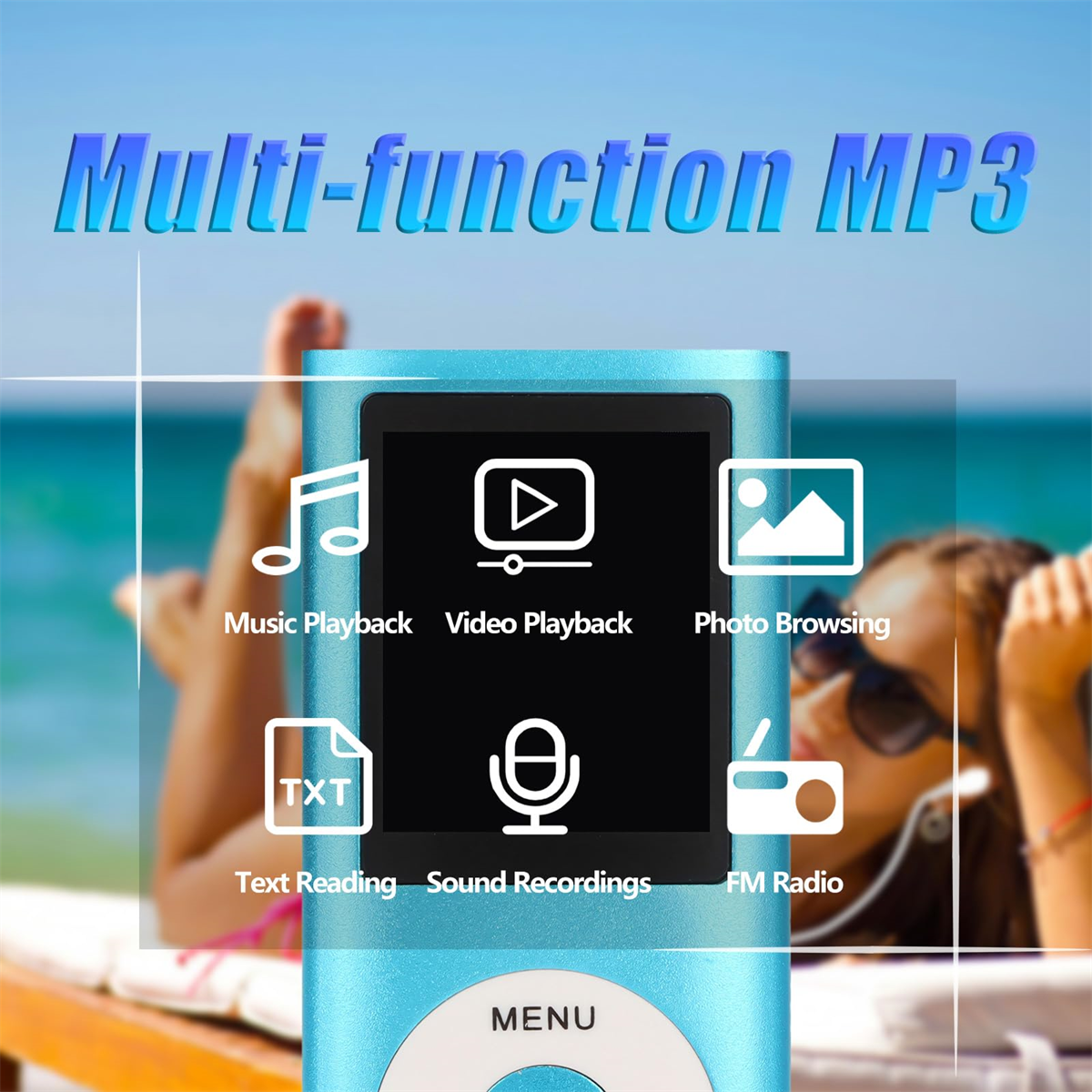 Ein blauer MP3-Player mit einem Bildschirm, der Symbole anzeigt, und eine Person im Hintergrund.