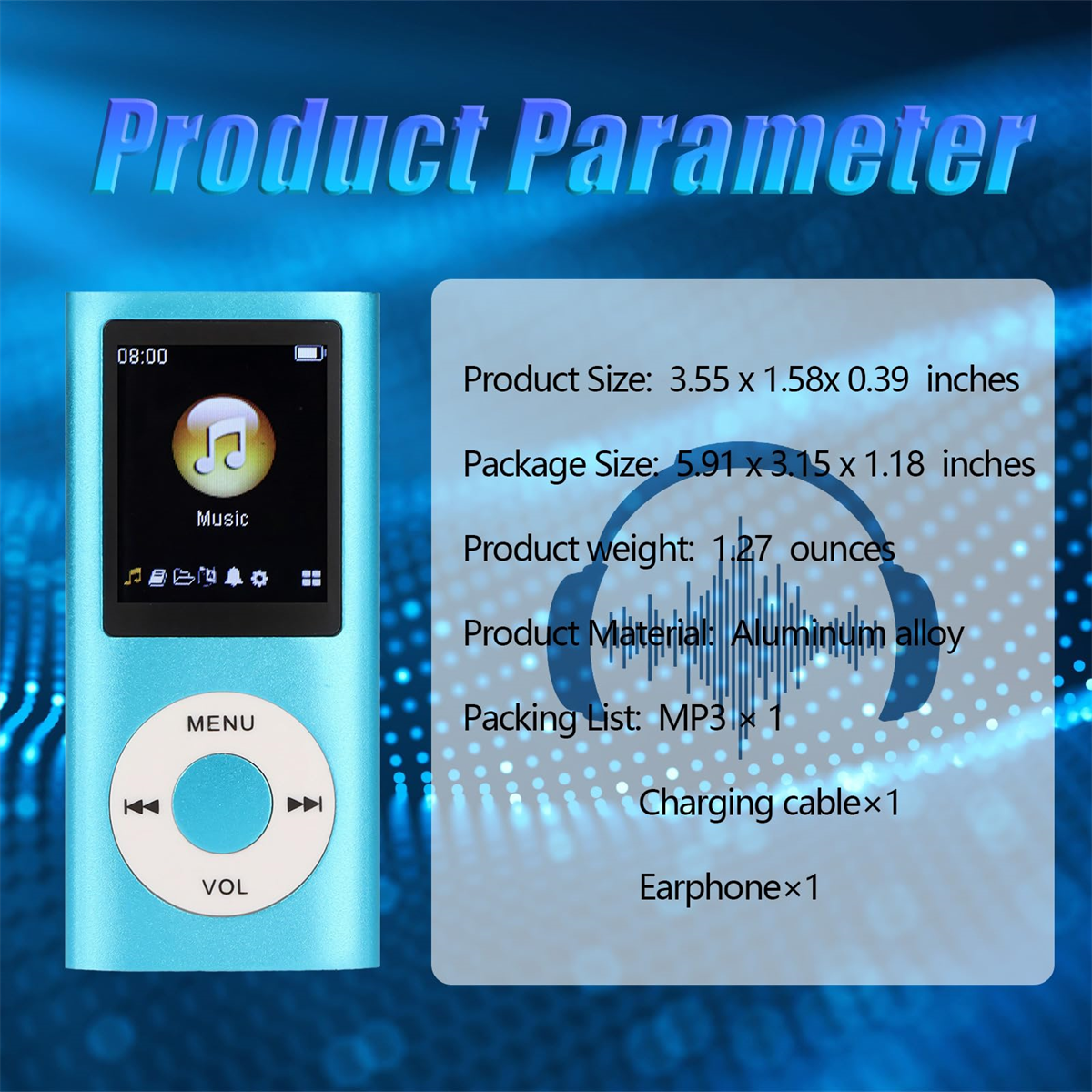 Blauer MP3-Player mit Bildschirm und Knöpfen. Infografik rechts. Weißer Hintergrund. Text: Produktparameter.