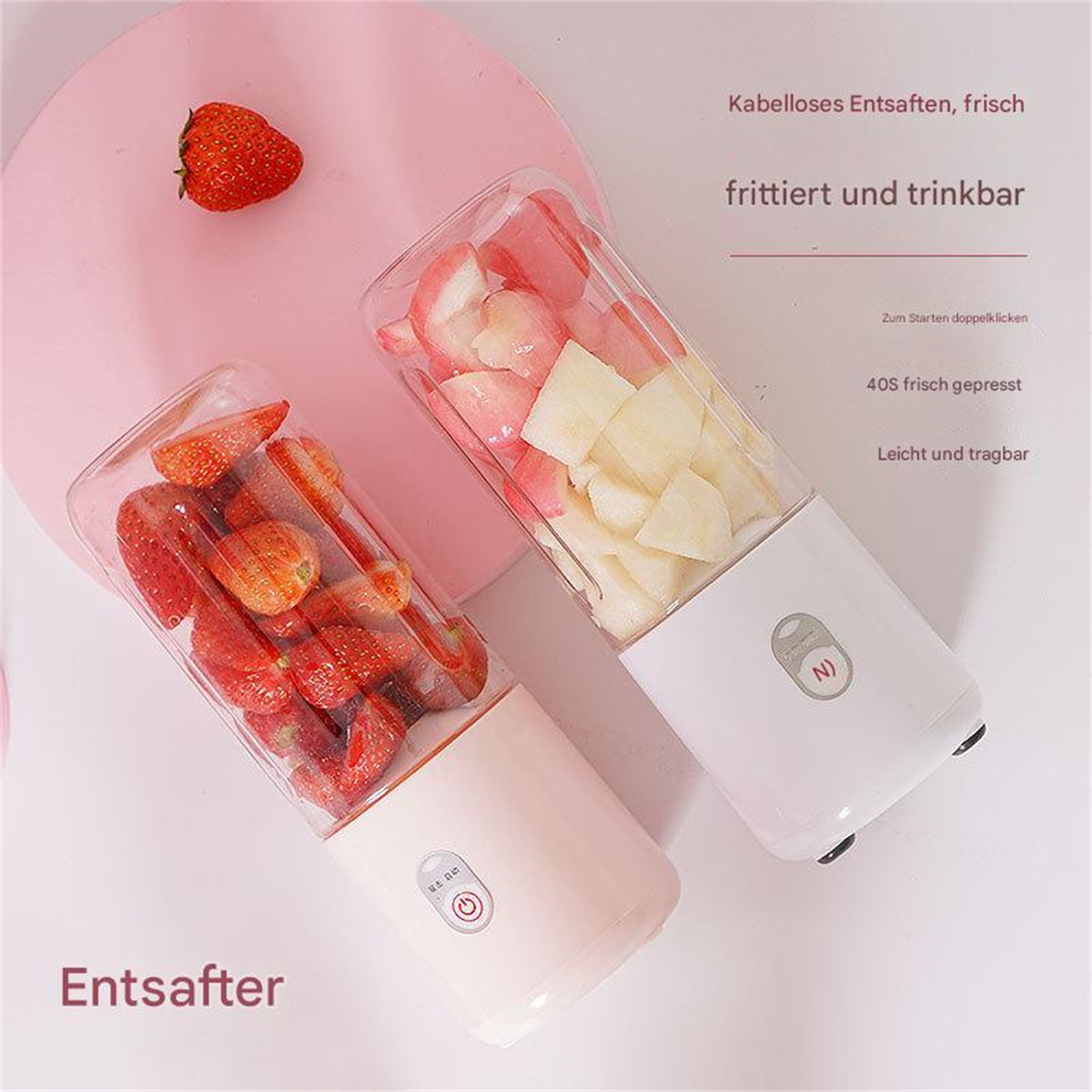 Zwei Mixer mit Früchten. Erdbeere und weiße Frucht in einem Mixer.