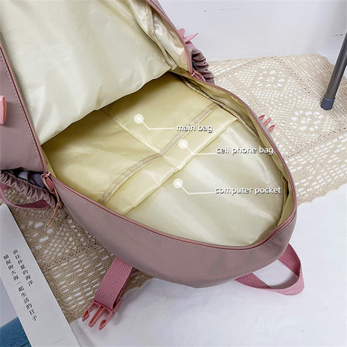 Offener rosa Rucksack, der Haupttasche, Handytasche und Computertasche zeigt.