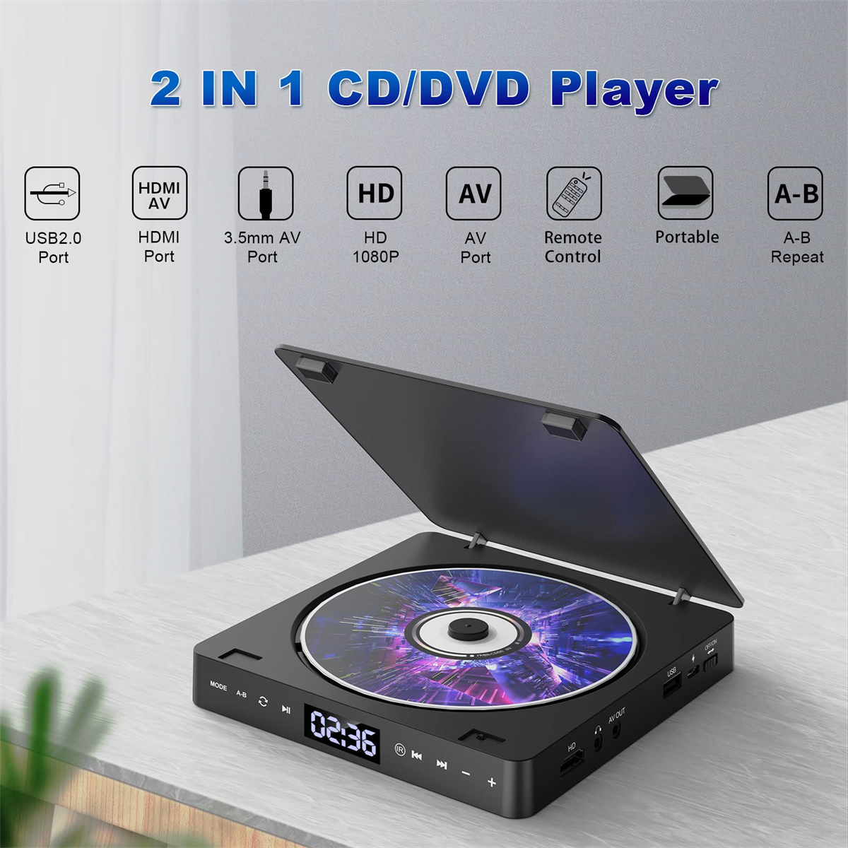 Ein schwarzer CD/DVD-Player. Er hat ein Display, Tasten und eine Disc. Text zeigt Anschlüsse und Funktionen.