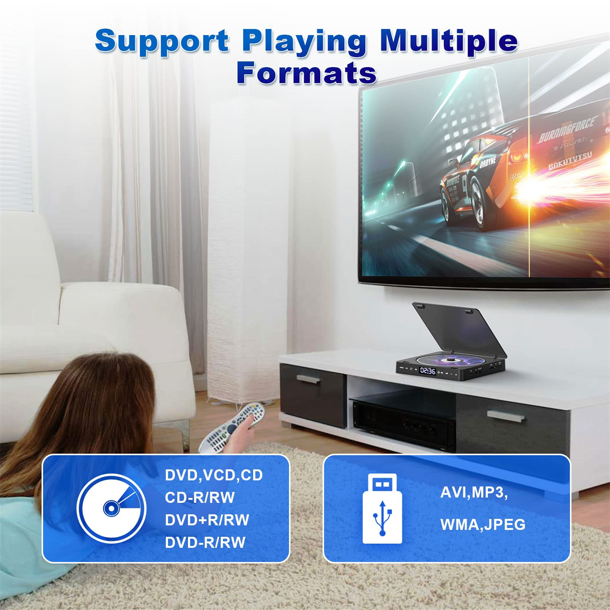 DVD-Player mit Fernsehbildschirm, der ein Autorennen-Spiel zeigt. Andere Gegenstände sichtbar.
