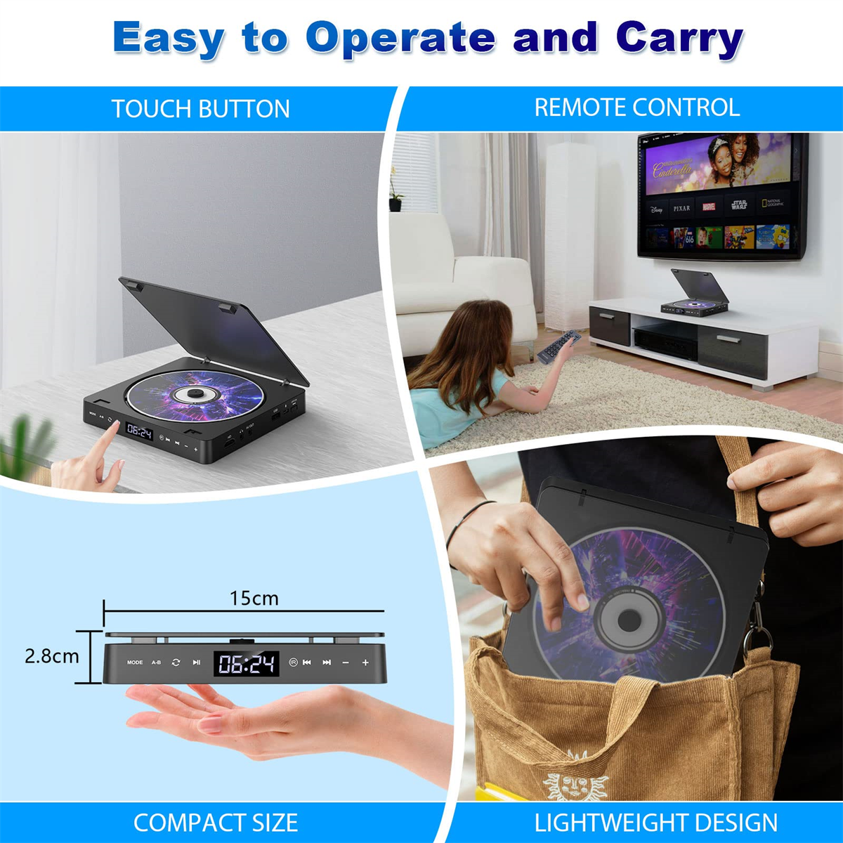 Ein tragbarer DVD-Player mit Touch-Taste und Fernbedienung, kompakte Größe.