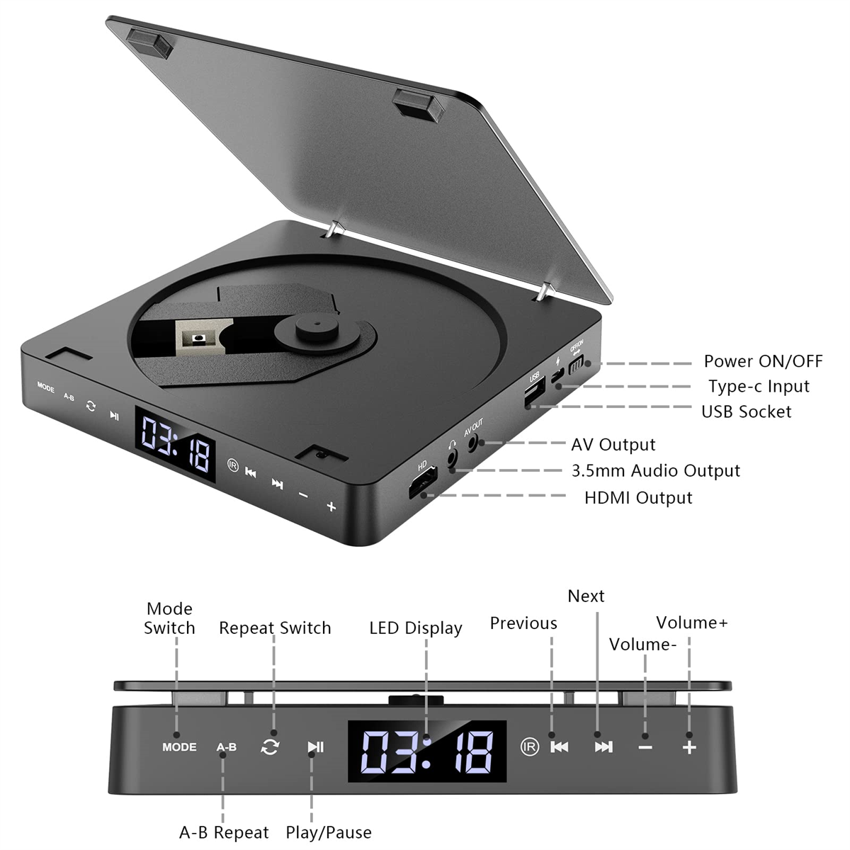 Schwarzer tragbarer CD-Player mit offenem Deckel, Bedienelementen und Display.