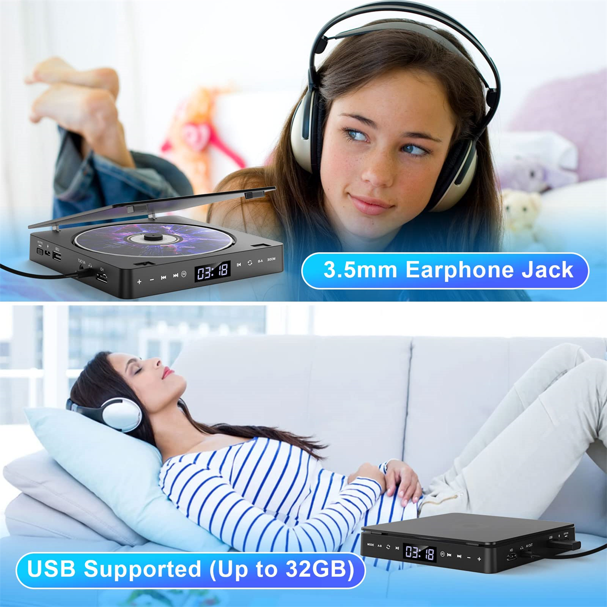 Frau und Mädchen liegen, benutzen tragbaren CD-Player. Text: '3,5-mm-Kopfhöreranschluss' und 'USB unterstützt'.