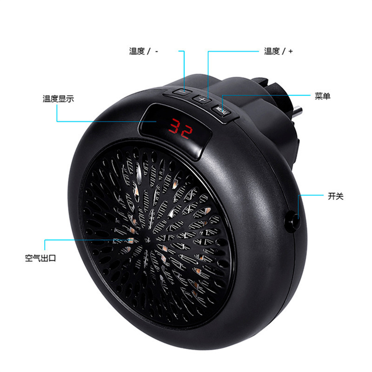 Ein schwarzer Mini-Heizlüfter mit LED-Anzeige, die '32' anzeigt. Beschriftungen in einer anderen Sprache um den Heizlüfter.