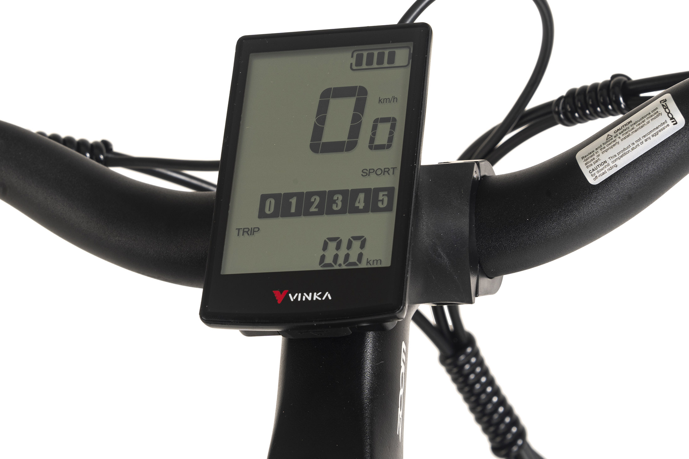 Nahaufnahme eines E-Bike-Lenkers. Der Bildschirm zeigt '0' für die Geschwindigkeit und '0,0' für die Strecke an.