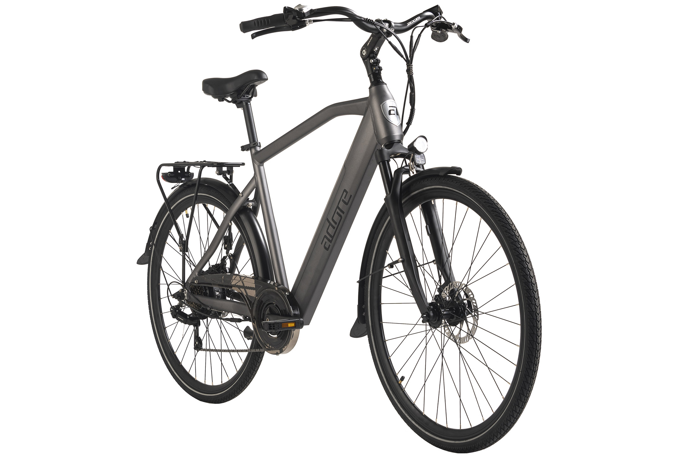 Ein Elektrofahrrad mit grauem Rahmen und Frontscheinwerfer.