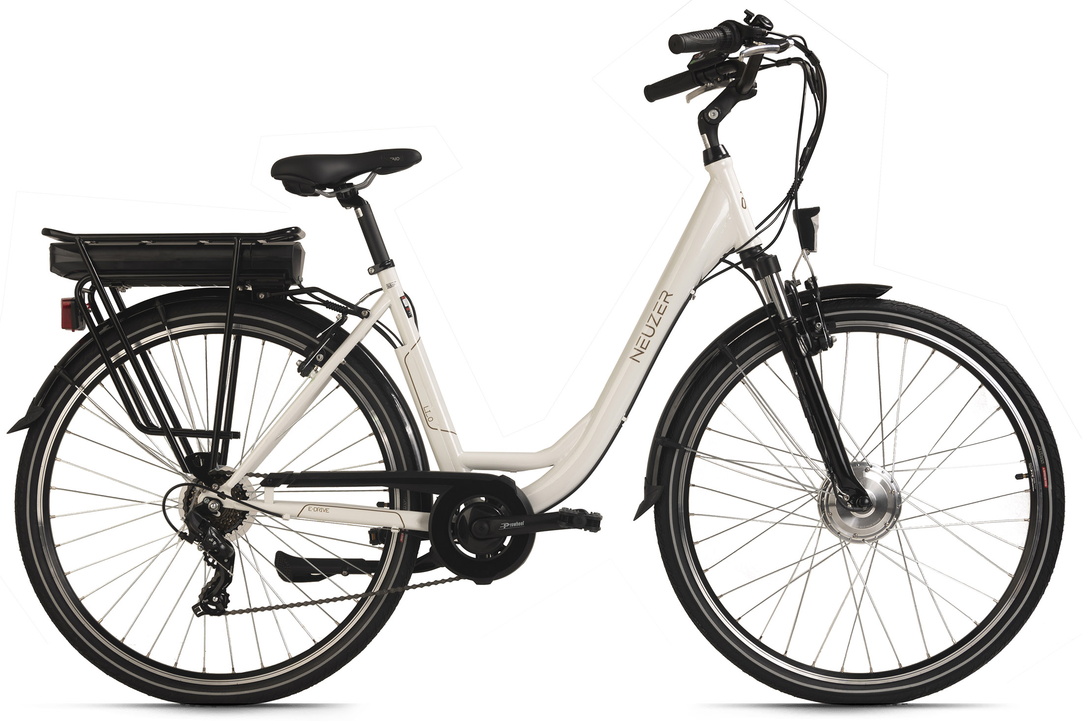 Weißes und schwarzes Elektrofahrrad mit schwarzem Akku, Reifen und Sitz. Die Marke ist NEUZER.