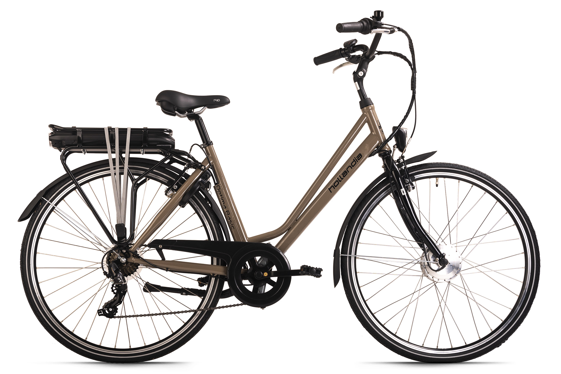 Braunes Elektrofahrrad mit schwarzem Gepäckträger und schwarzem Sitz.